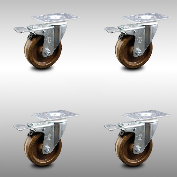 4 Inch SS High Temp Phenolic Top Plate Caster Set Total Lock Brake SCC